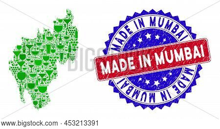 Vector Composition Of Wine Tripura State Map And Grunge Bicolor Made In Mumbai Seal. Red And Blue Bi
