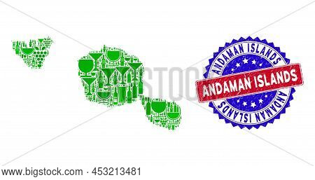 Vector Collage Of Wine Tahiti And Moorea Islands Map And Grunge Bicolor Andaman Islands Seal. Red An