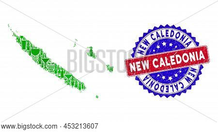 Vector Collage Of Wine New Caledonia Islands Map With Grunge Bicolor New Caledonia Stamp. Red And Bl