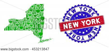 Vector Collage Of Wine New York State Map And Grunge Bicolor New York Seal Stamp. Red And Blue Bicol