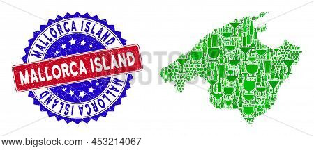 Vector Composition Of Wine Spain Mallorca Island Map And Grunge Bicolor Mallorca Island Stamp. Red A