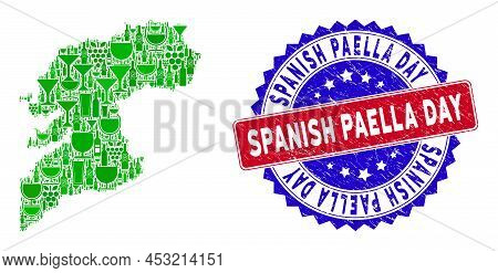 Vector Composition Of Wine Pontevedra Province Map And Grunge Bicolor Spanish Paella Day Seal. Red A