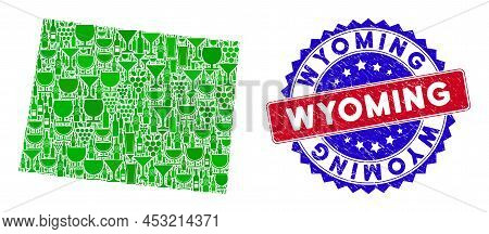 Vector Collage Of Wine Wyoming State Map And Grunge Bicolor Wyoming Stamp. Red And Blue Bicolored Se