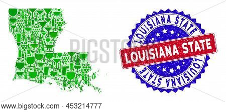 Vector Collage Of Wine Louisiana State Map And Grunge Bicolor Louisiana State Seal Stamp. Red And Bl