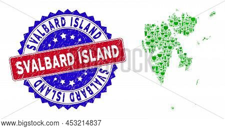 Vector Collage Of Wine Svalbard Island Map With Grunge Bicolor Svalbard Island Stamp. Red And Blue B