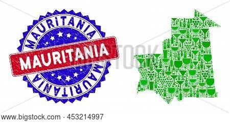 Vector Collage Of Wine Mauritania Map And Grunge Bicolor Mauritania Stamp. Red And Blue Bicolored St