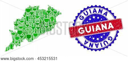 Vector Composition Of Wine Odisha State Map With Grunge Bicolor Guiana Seal. Red And Blue Bicolored 