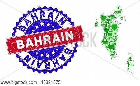 Vector Composition Of Wine Bahrain Map With Grunge Bicolor Bahrain Seal. Red And Blue Bicolored Seal