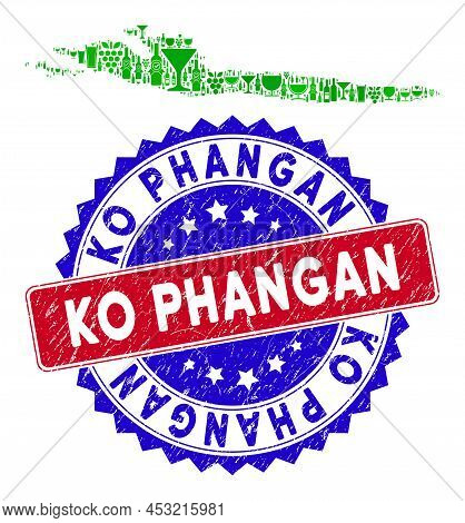 Vector Combination Of Wine Hvar Island Map With Grunge Bicolor Ko Phangan Seal Stamp. Red And Blue B