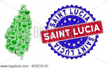 Vector Composition Of Wine Saint Lucia Island Map With Grunge Bicolor Saint Lucia Seal. Red And Blue