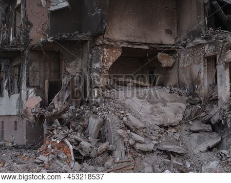 Russian Invasion Of Ukraine Bombed Building Destroyed City Ukraine Ruined. Rocket Bomb Attack Russia
