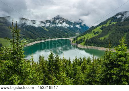 Schlegeis Stausee Lake View From Mountain Hiking Path Trail. Zillertal, Austria, Europe