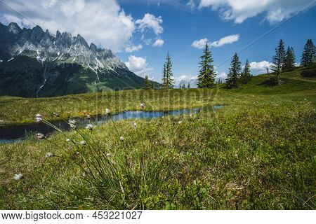 Mountain Pond With Wilder Kaiser Range Reflecting In Water, Tirol - Austria
