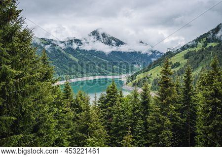 Schlegeis Stausee Lake View From Mountain Hiking Path Trail. Zillertal, Austria, Europe