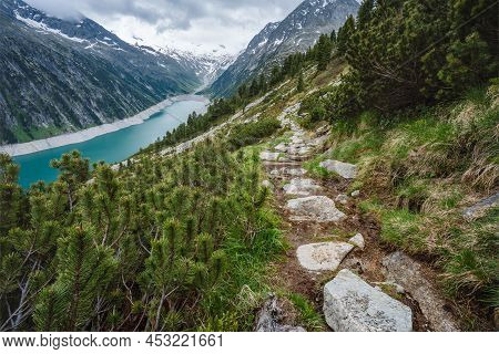 Beautiful View Of Schlegeis Stausee On Mountain Hiking Path Trail. Zillertal, Austria, Europe