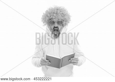 Geeky Bibliophile In Funky Wig Keep Mouth Open Reading School Book, Library
