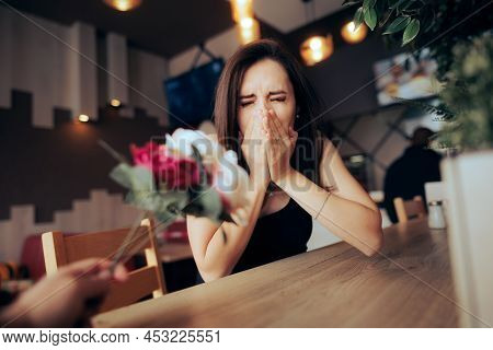 Woman Receiving Flowers Having An Allergic Reaction