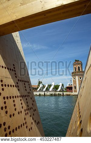 Venice, Italy - July 3, 2021: Lorenzo Quinn's Giant Stone Hands Represent Humanity's Universal Value