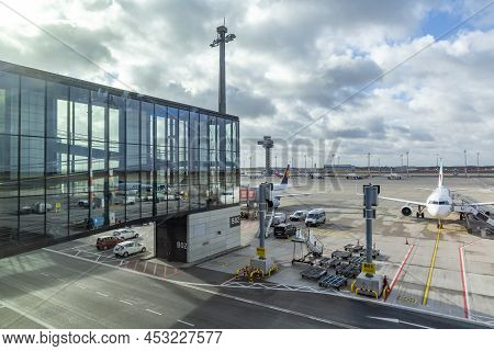 Berlin, Germany - February 7, 2022: Airfield And View To Ryanair Aircraft  At Willy Brandt Airport I