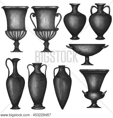 Ancient Greece Pottery Set Watercolor Antique Greek Vases Black Jug. Old Clay Amphora, Pot, Urn, Jar