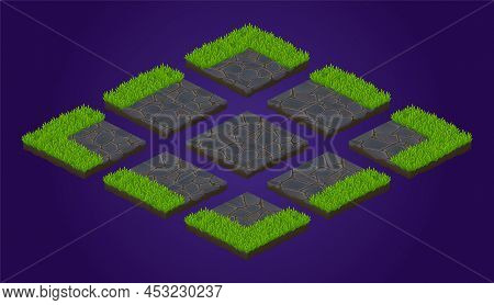 Isometric Ground Tiles Game Texture, Paving Stones With Lawn Grass. User Interface Elements For Land