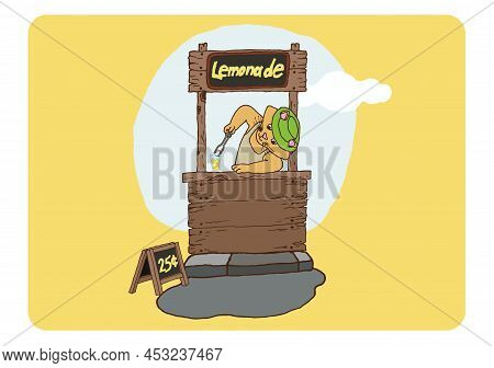 Illustration Of A Stand With Lemonade And A Cat. Lemonade Stand, Lemon, Ice, Summer Time, Ready To U
