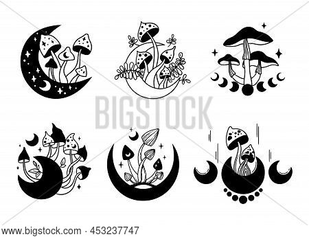 Mystical Boho Mushroom And Moon Isolated Clip Art Bundle, Magic Hand Drawn Line Celestial Mushrooms,