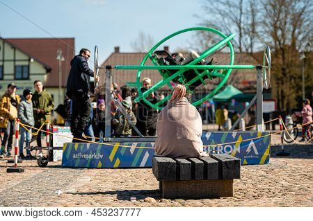 Dobele, Latvia - April 17, 2022: Portable Attractions In The City Square, Aerotrim-human Gyroscope W