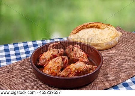 Roasted Tiny Chicken In Clay Pan And Loaf Of White Bread Lie On Rustic Table With Green Outdoor Back
