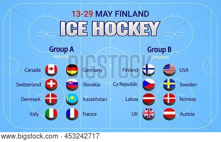 Ice Hockey 2022. Vector Illustration. Countries Flags Icons. Men's Ice Hockey Group Round Table. Gra