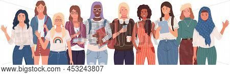 Diverse College, University Students Standing In Line. Group Of Young People, Multicultural Men And 