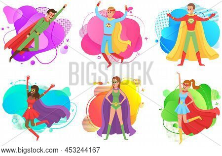 Strong Super Man And Super Woman Smiles And Flies To Save World Stretched Out His Hand. Brave Charac