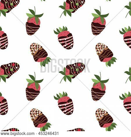 Dark Chocolate Covered Strawberry Seamless Pattern. Strawberry In Chocolate, Sprinkle. Vector