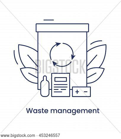 Waste Management Icon Esg Concept. Vector Line Illustration With Caption, Isolated On A White Backgr