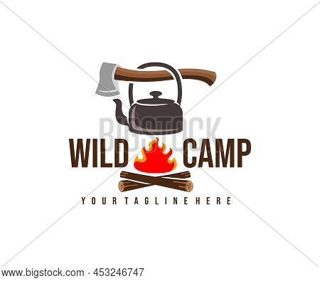 Camping, Camp, Ax, Kettle And Bonfire With Fire, Logo Design. Hiking, Adventure, Survival And Touris
