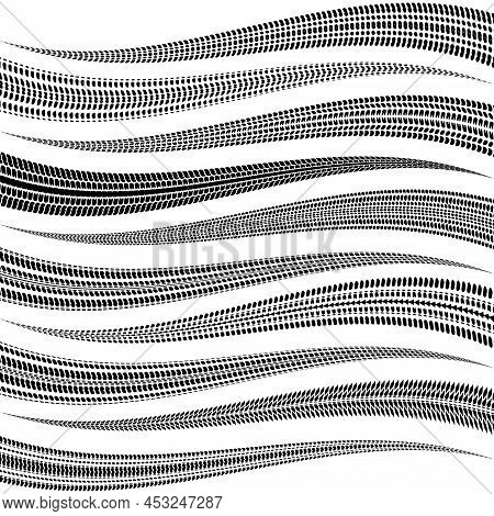 Set Of Black Tire Track Silhouettes Isolated On White Background. Vehicle Brake Down Path Silhouette