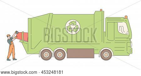 Dustman Worker With Dumpster And Truck For Recycling. Cleaning Environment From Trash. Vector Doodle