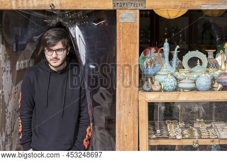 Masuleh, Iran - December 22, 2017 Seller At Earthenware Product Shop Front