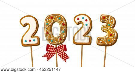 Gingerbread Cookie Numerals On Sticks With Phrase 2023 In Cartoon Style. Sweet Biscuit With Red Bow 