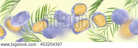 Japanese Rice Cakes Float In The Air. A Conceptual Composition Of Flying Mochi And Green Palm Leaves