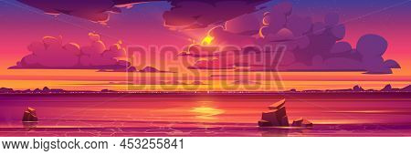 Sunset In Ocean, Pink Clouds In Sky With Shining Sun Above Sea With Rocks Sticking Up Of Water And C