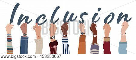 Group Of Raised Arms Of Multicultural Men And Women People Holding Letters In Hand Forming The Text 