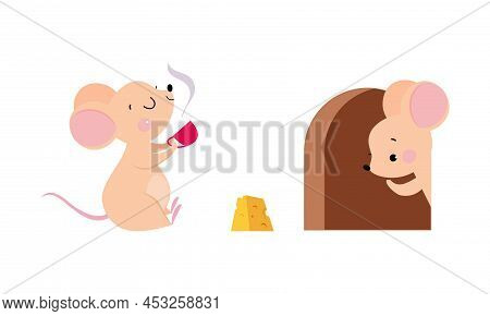 Cute Adorable Mice In Different Actions Set. Funny Mouse Drinking Tea And Sitting In Hole Cartoon Ve