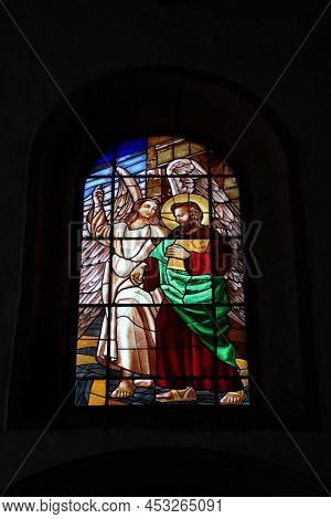 Guimar, Tenerife, Canary Islands, Spain, March 8, 2022: Colored Stained Glass Window Inside The Chur