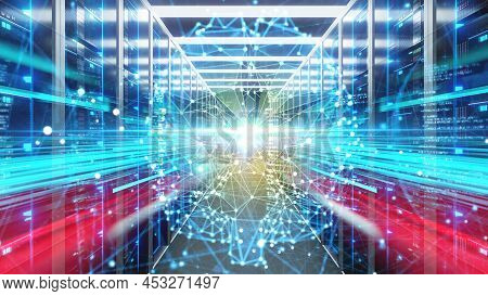 Light Flashing Through Data Server Tunnel, Blockchain, Binary Code, Smart System, Artificial Intelli