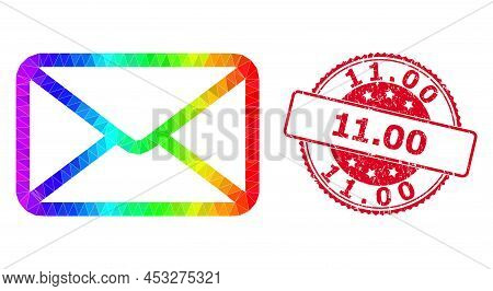 Red Round Rubber 11.00 Stamp Seal And Low-poly Letter Icon With Spectral Colorful Gradient. Triangul