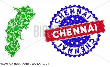 Eco Chhattisgarh State Map Mosaic Of Floral Leaves In Green Color Variations And Grunge Bicolor Chen