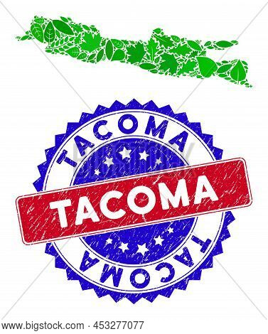 Ecology Java Island Map Mosaic Of Herbal Leaves In Green Color Variations With Grunge Bicolor Tacoma