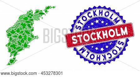 Ecology Gotland Island Map Collage Of Herbal Leaves In Green Color Tints And Grunge Bicolor Stockhol