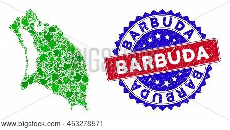 Eco Barbuda Island Map Composition Of Herbal Leaves In Green Color Hues And Grunge Bicolor Barbuda S